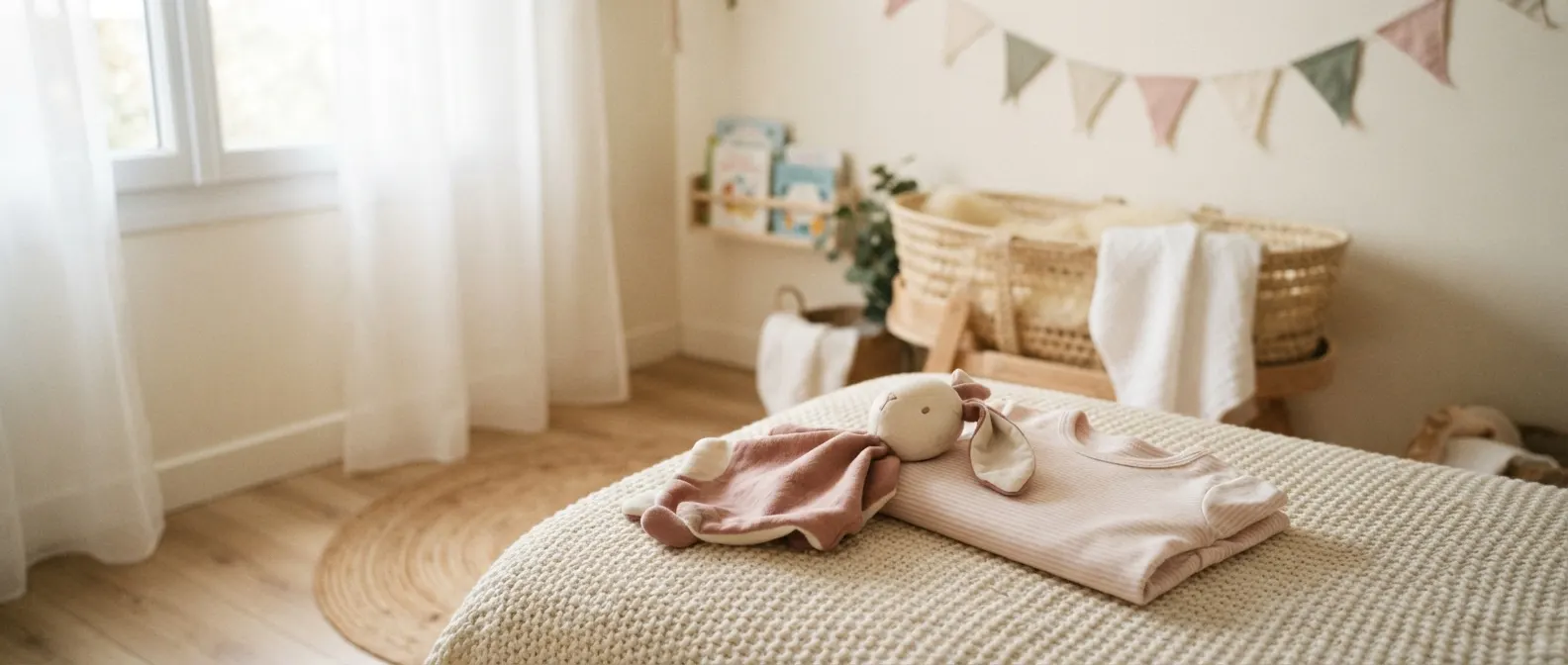 Chambre de bébé douce avec doudou et body brodés au prénom, posés sur un plaid